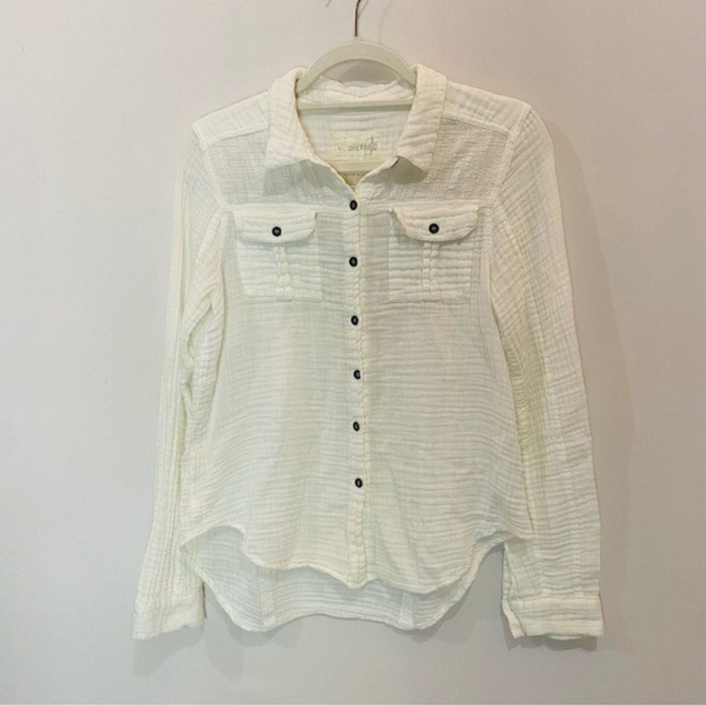 Free People Cream Button-Down Textured Gauze Shirt